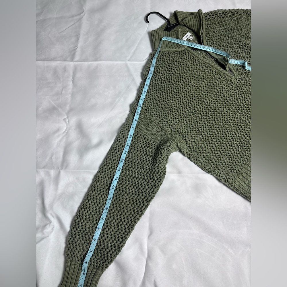 Aerie Olive Green Cropped Knit Sweater Quarter Zip Chunky Cotton Size S/P - Picture 9 of 9